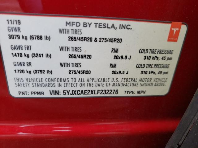Photo 10 from auction – 2020 TESLA MODEL X with VIN 5YJXCAE2XLF232276