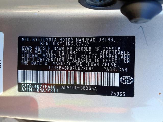 Photo 10 from auction – 2007 TOYOTA CAMRY HYBR with VIN 4T1BB46K87U028064