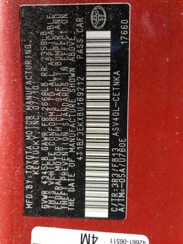 Photo 10 from auction – 2011 TOYOTA CAMRY with VIN 4T1BF3EKXBU169212