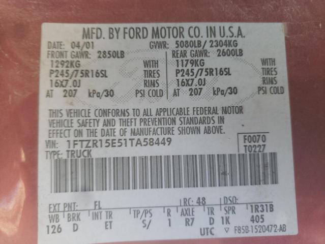 Photo 10 from auction – 2001 FORD RANGER SUP with VIN 1FTZR15E51TA58449