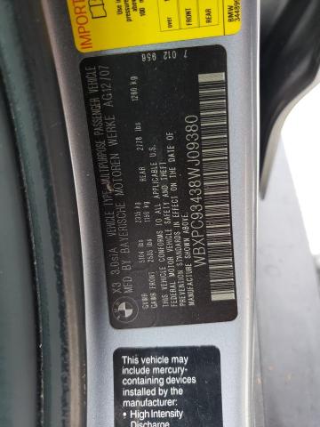 Photo 10 from auction – 2008 BMW X3 3.0SI with VIN WBXPC93438WJ09380