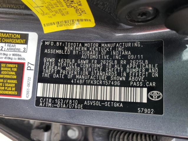 Photo 10 from auction – 2012 TOYOTA CAMRY BASE with VIN 4T4BF1FK9CR157496