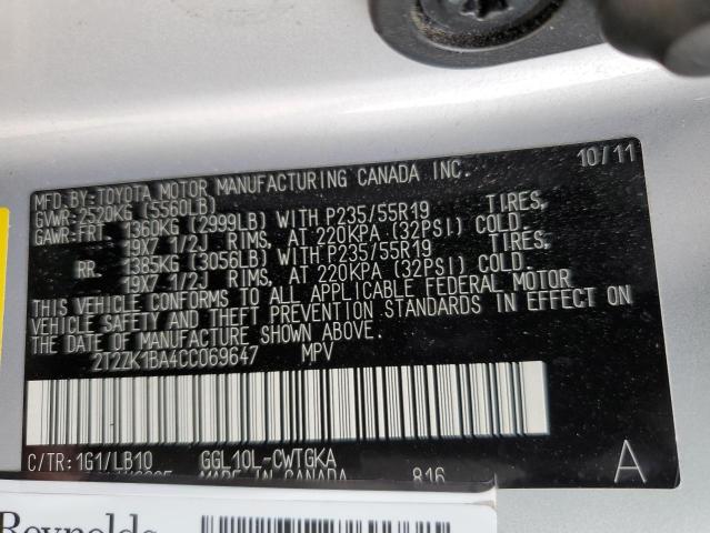 Photo 10 from auction – 2012 LEXUS RX 350 with VIN 2T2ZK1BA4CC069647