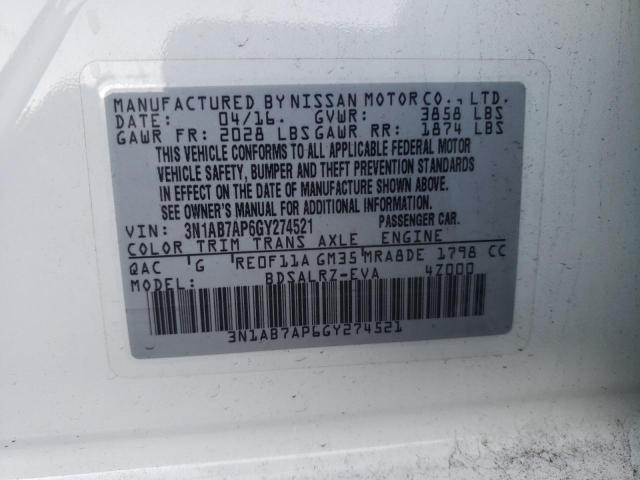 Photo 10 from auction – 2016 NISSAN SENTRA S with VIN 3N1AB7AP6GY274521