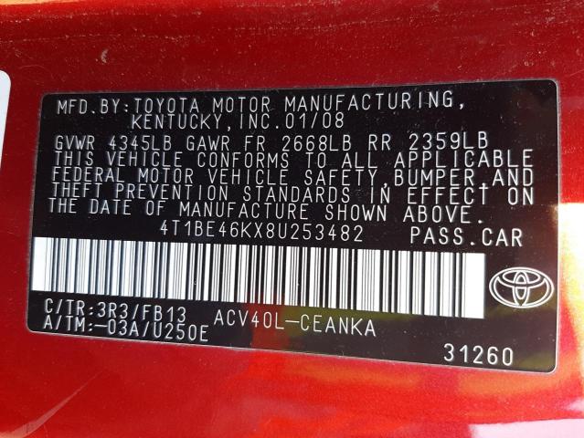 Photo 10 from auction – 2008 TOYOTA CAMRY CE with VIN 4T1BE46KX8U253482