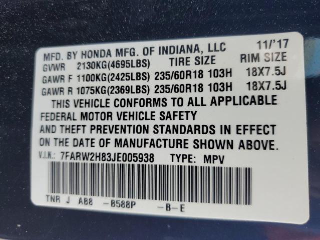 Photo 10 from auction – 2018 HONDA CR-V EXL with VIN 7FARW2H83JE005938