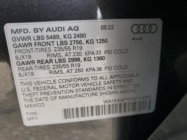 Photo 10 from auction – 2022 AUDI Q5 PREMIUM with VIN WA1EAAFY0N2114365