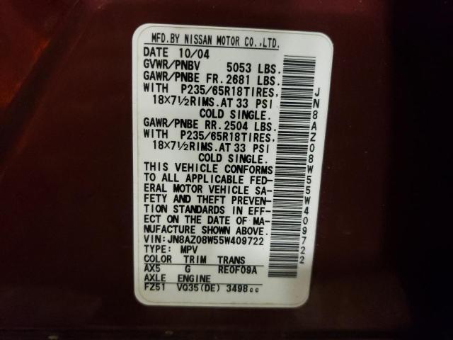 Photo 10 from auction – 2005 NISSAN MURANO SL with VIN JN8AZ08W55W409722
