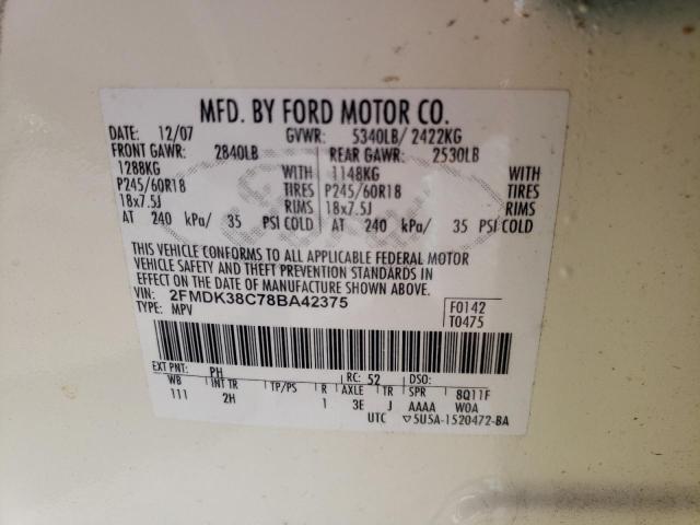 Photo 10 from auction – 2008 FORD EDGE SEL with VIN 2FMDK38C78BA42375