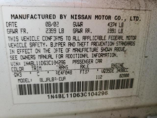 Photo 10 from auction – 2003 NISSAN ALTIMA SE with VIN 1N4BL11D63C104296