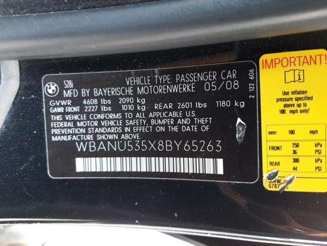 Photo 10 from auction – 2008 BMW 528 I with VIN WBANU535X8BY65263