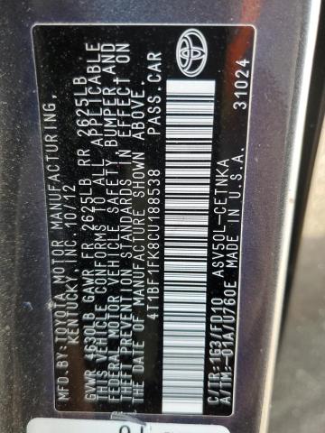 Photo 10 from auction – 2012 TOYOTA CAMRY BASE with VIN 4T1BF1FK8CU188538