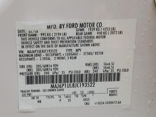 Photo 10 from auction – 2018 FORD ECOSPORT S with VIN MAJ6P1UL8JC193522