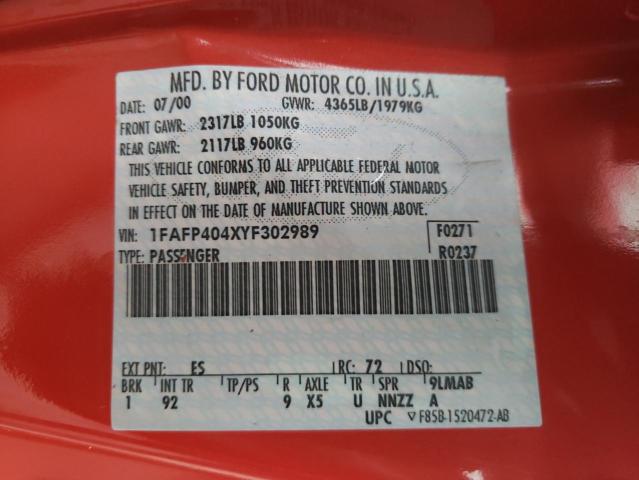 Photo 10 from auction – 2000 FORD MUSTANG with VIN 1FAFP404XYF302989