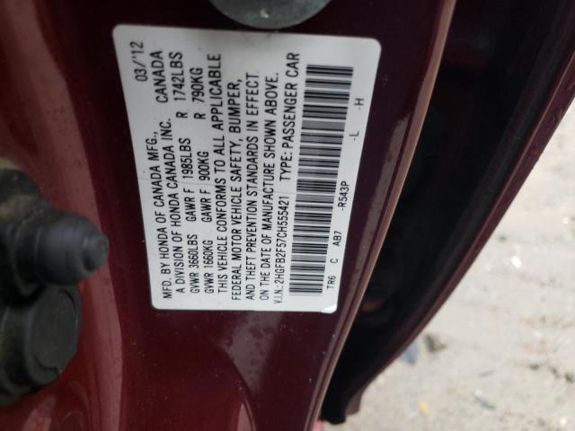 Photo 10 from auction – 2012 HONDA CIVIC LX with VIN 2HGFB2F57CH555421