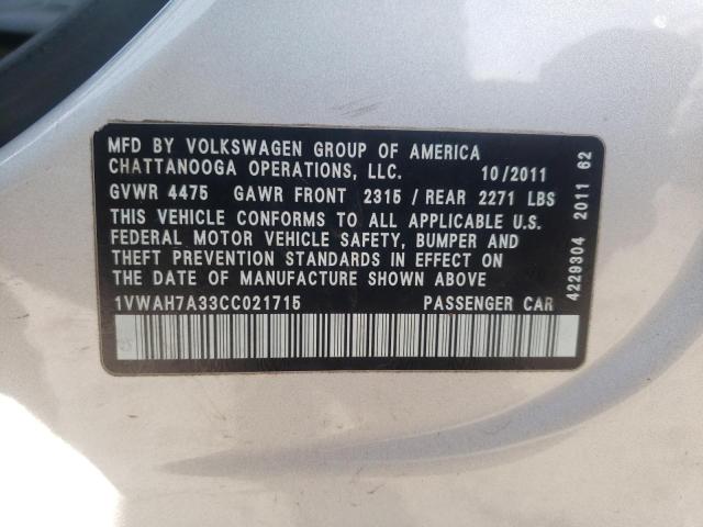 Photo 10 from auction – 2012 VOLKSWAGEN PASSAT S with VIN 1VWAH7A33CC021715
