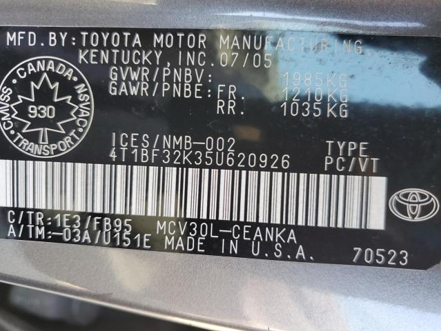 Photo 10 from auction – 2005 TOYOTA CAMRY LE with VIN 4T1BF32K35U620926