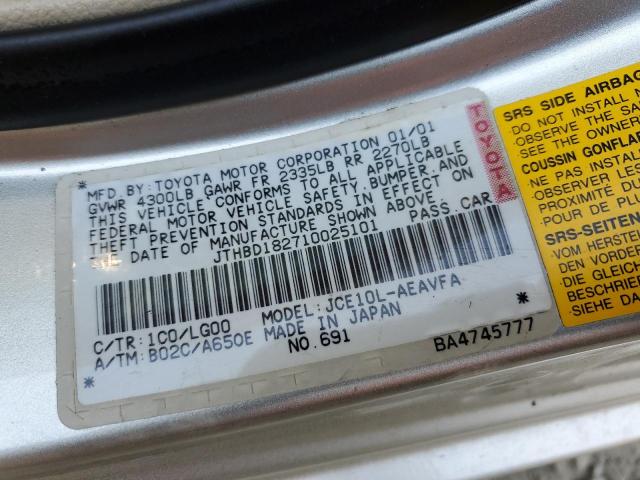 Photo 10 from auction – 2001 LEXUS IS 300 with VIN JTHBD182710025101
