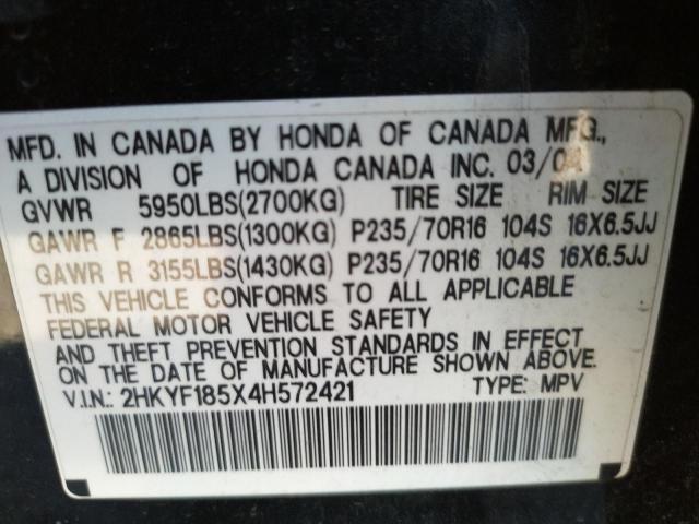 Photo 10 from auction – 2004 HONDA PILOT EXL with VIN 2HKYF185X4H572421