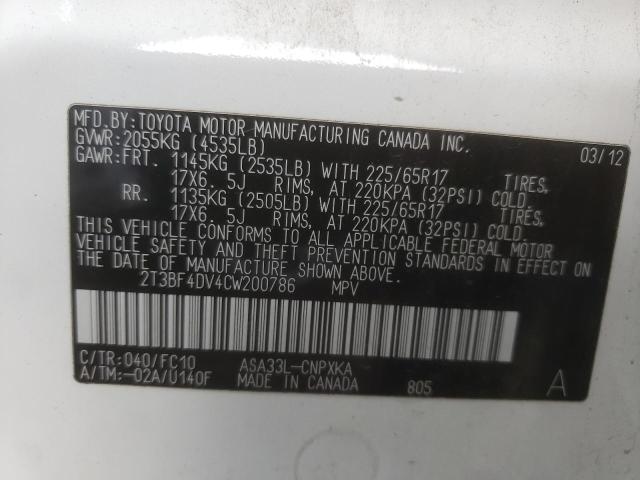 Photo 10 from auction – 2012 TOYOTA RAV4 with VIN 2T3BF4DV4CW200786
