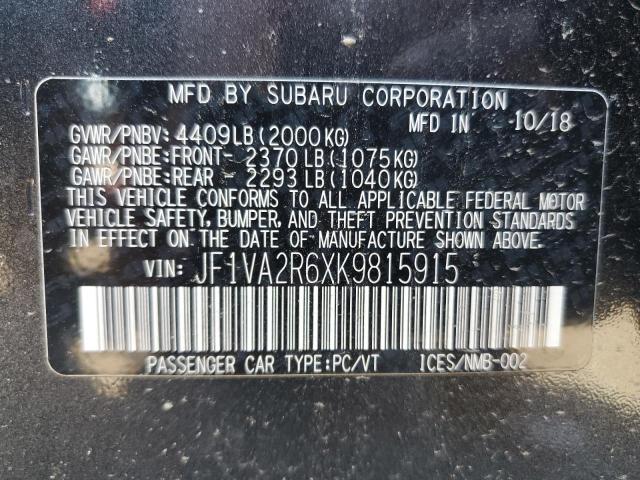 Photo 10 from auction – 2019 SUBARU WRX STI with VIN JF1VA2R6XK9815915