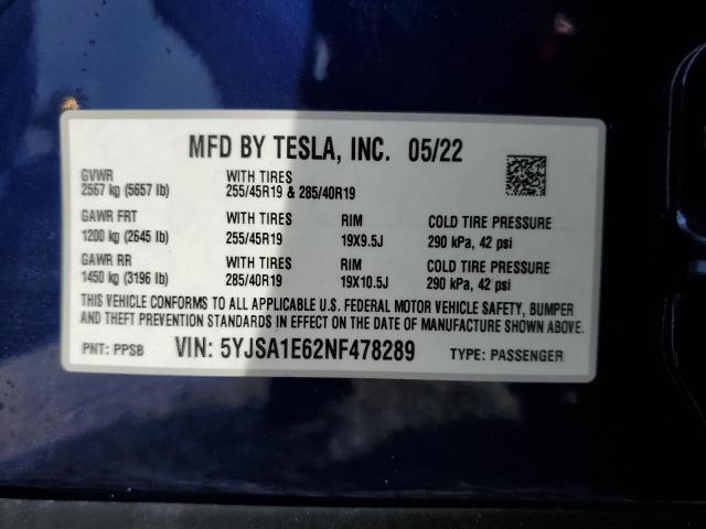 Photo 10 from auction – 2022 TESLA MODEL S with VIN 5YJSA1E62NF478289