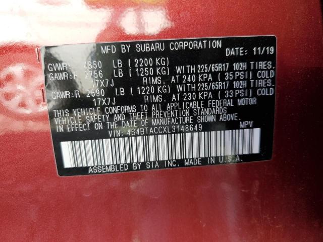 Photo 10 from auction – 2020 SUBARU OUTBACK PR with VIN 4S4BTACCXL3148649