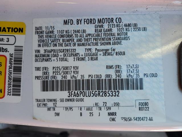 Photo 10 from auction – 2016 FORD FUSION SE with VIN 3FA6P0LU5GR285332