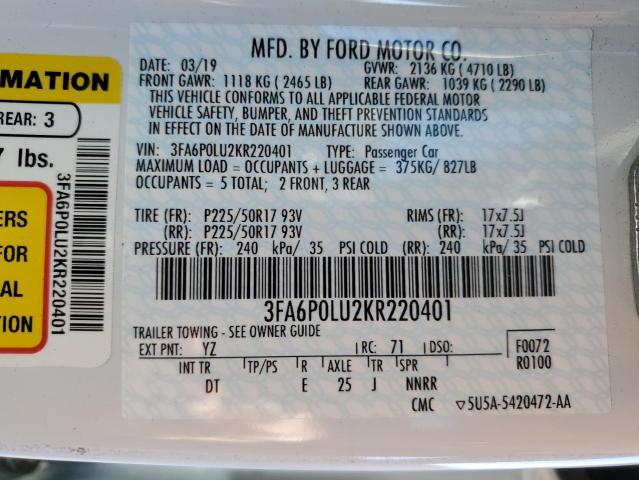 Photo 10 from auction – 2019 FORD FUSION SE with VIN 3FA6P0LU2KR220401
