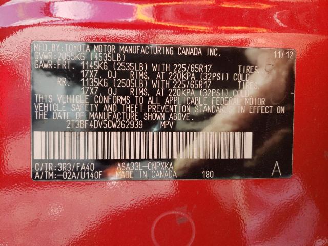 Photo 10 from auction – 2012 TOYOTA RAV4 with VIN 2T3BF4DV5CW262939