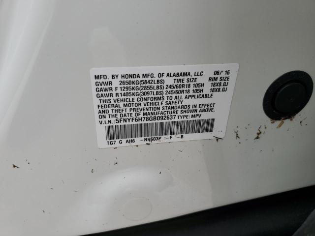 Photo 10 from auction – 2016 HONDA PILOT EXLN with VIN 5FNYF6H78GB092637