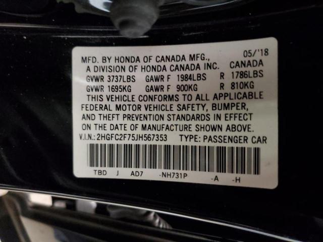 Photo 10 from auction – 2018 HONDA CIVIC EX with VIN 2HGFC2F75JH567353