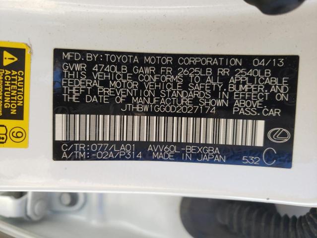 Photo 10 from auction – 2013 LEXUS ES 300H with VIN JTHBW1GG0D2027174