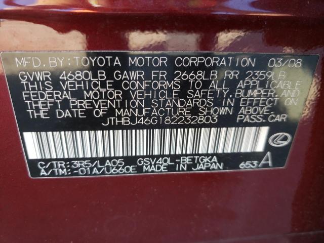 Photo 10 from auction – 2008 LEXUS ES 350 with VIN JTHBJ46G182232803