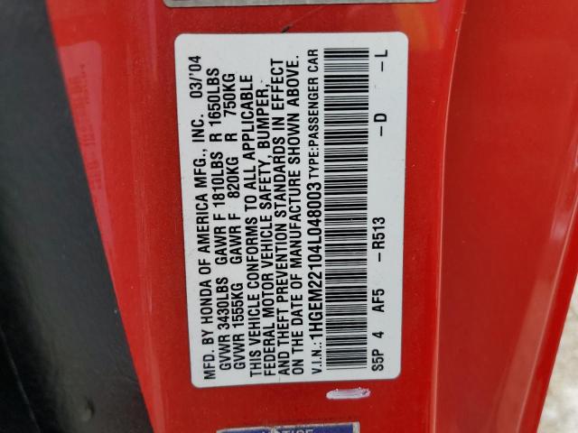 Photo 10 from auction – 2004 HONDA CIVIC DX V with VIN 1HGEM22104L048003