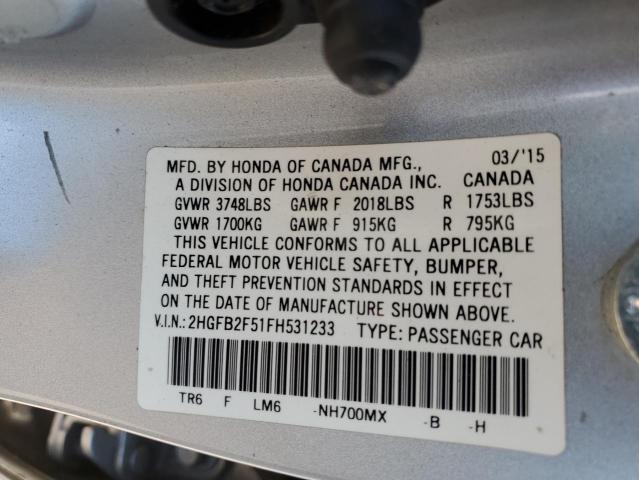 Photo 10 from auction – 2015 HONDA CIVIC LX with VIN 2HGFB2F51FH531233