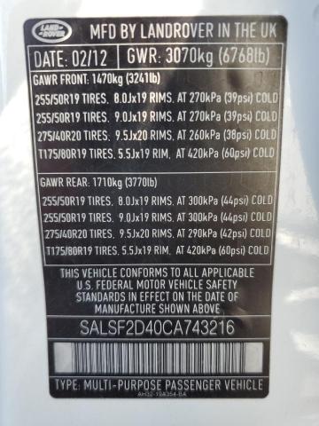 Photo 10 from auction – 2012 LAND ROVER RANGE ROVE with VIN SALSF2D40CA743216