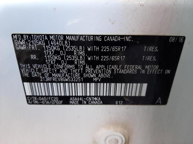 Photo 10 from auction – 2016 TOYOTA RAV4 XLE with VIN 2T3RFREV8GW533251