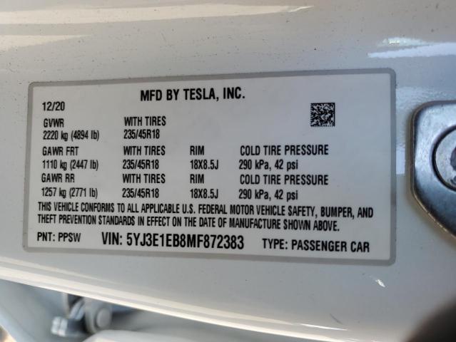 Photo 10 from auction – 2021 TESLA MODEL 3 with VIN 5YJ3E1EB8MF872383
