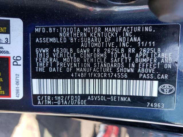 Photo 10 from auction – 2012 TOYOTA CAMRY BASE with VIN 4T4BF1FK9CR174556
