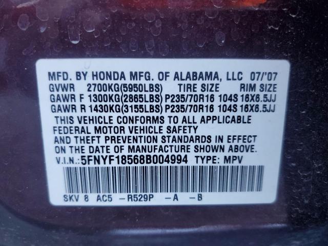 Photo 10 from auction – 2008 HONDA PILOT EXL with VIN 5FNYF18568B004994