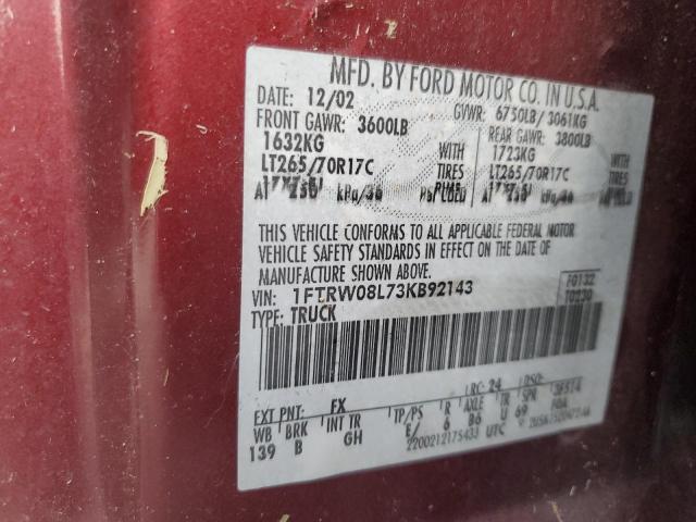 Photo 10 from auction – 2003 FORD F150 SUPER with VIN 1FTRW08L73KB92143