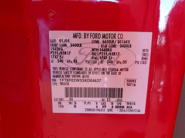 Photo 10 from auction – 2005 FORD F150 with VIN 1FTRF02W55KD04637