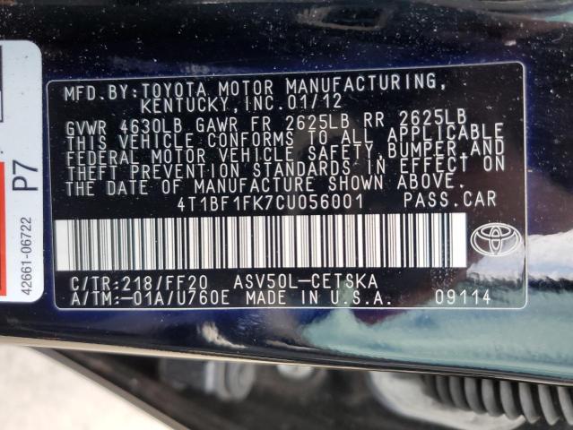 Photo 10 from auction – 2012 TOYOTA CAMRY BASE with VIN 4T1BF1FK7CU056001