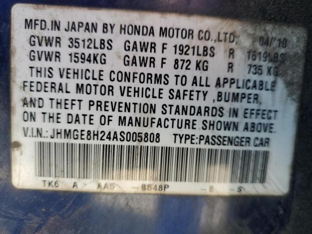 Photo 10 from auction – 2010 HONDA FIT with VIN JHMGE8H24AS005808