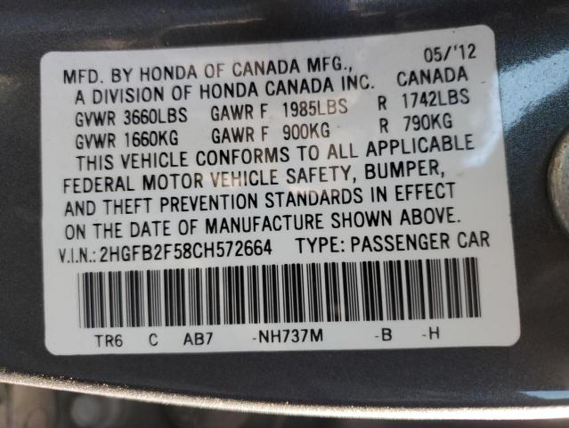 Photo 10 from auction – 2012 HONDA CIVIC LX with VIN 2HGFB2F58CH572664