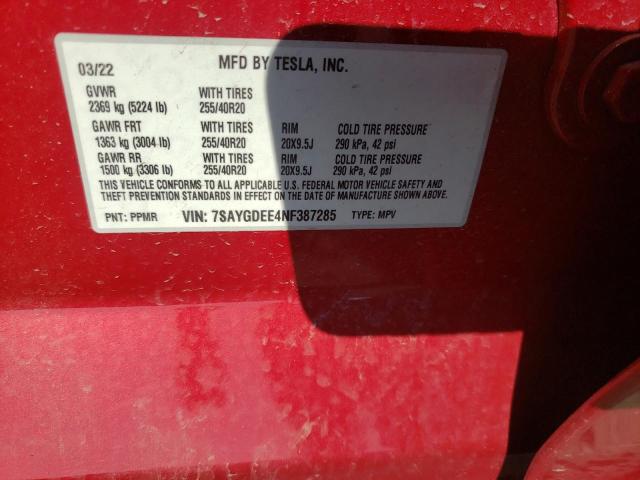 Photo 10 from auction – 2022 TESLA MODEL Y with VIN 7SAYGDEE4NF387285