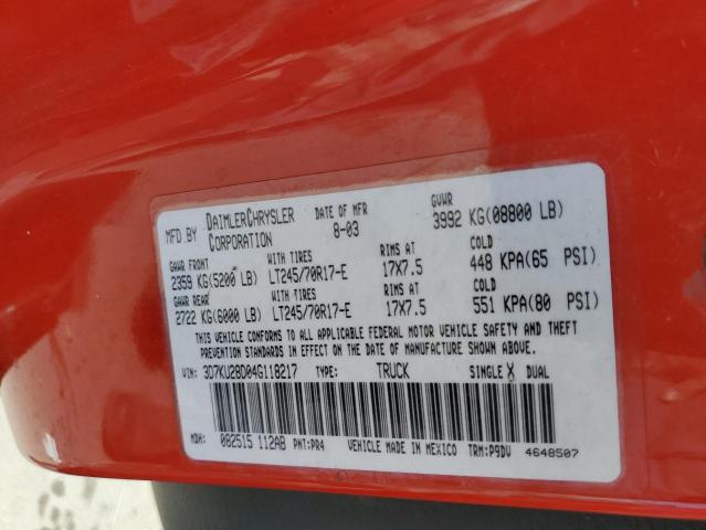 Photo 10 from auction – 2004 DODGE RAM 2500 S with VIN 3D7KU28D04G118217