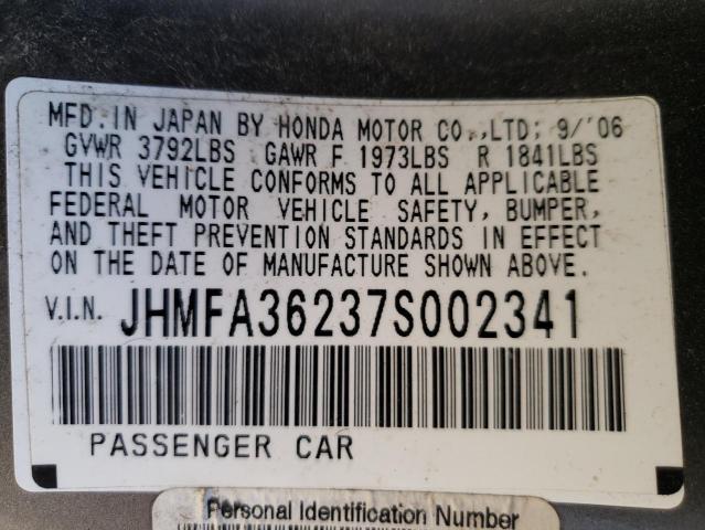 Photo 10 from auction – 2007 HONDA CIVIC HYBR with VIN JHMFA36237S002341