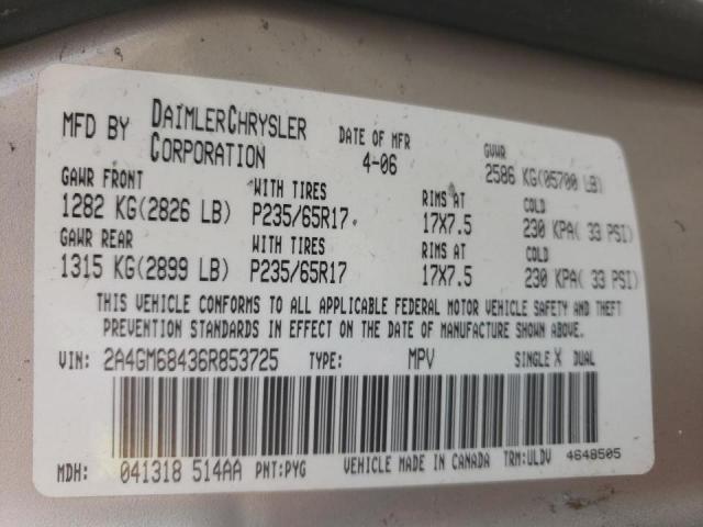 Photo 10 from auction – 2006 CHRYSLER PACIFICA T with VIN 2A4GM68436R853725